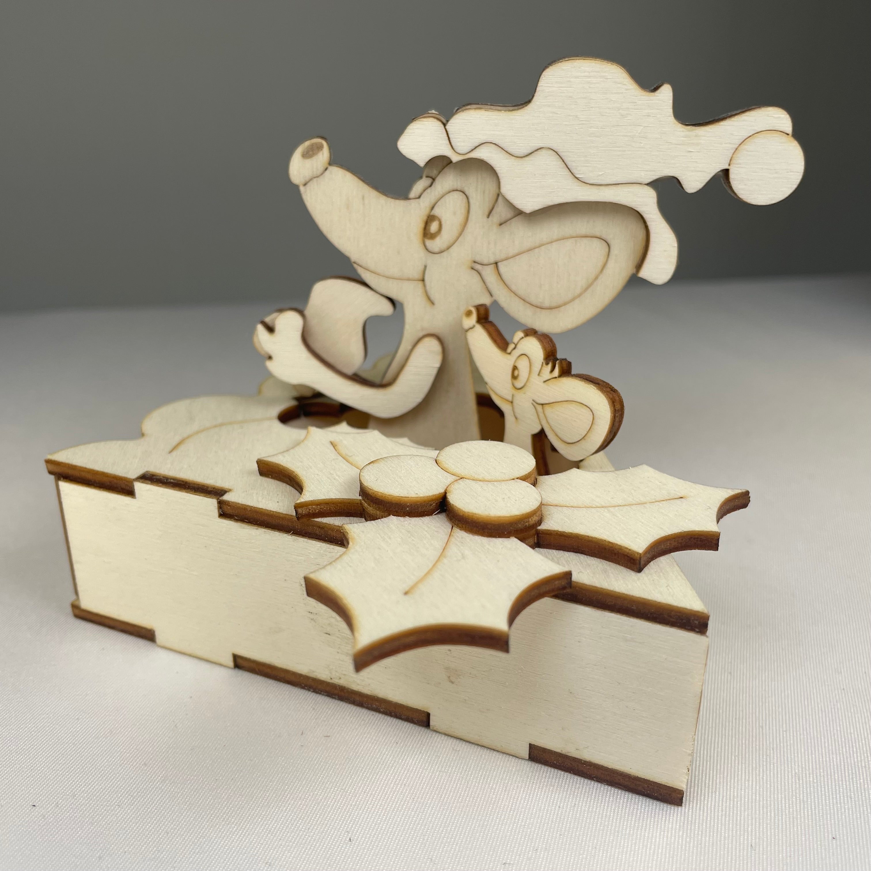 Curious Rabbit festive mice in a pie Christmas flatpack model kit, featuring colorful paper mice and pie design for holiday crafting.