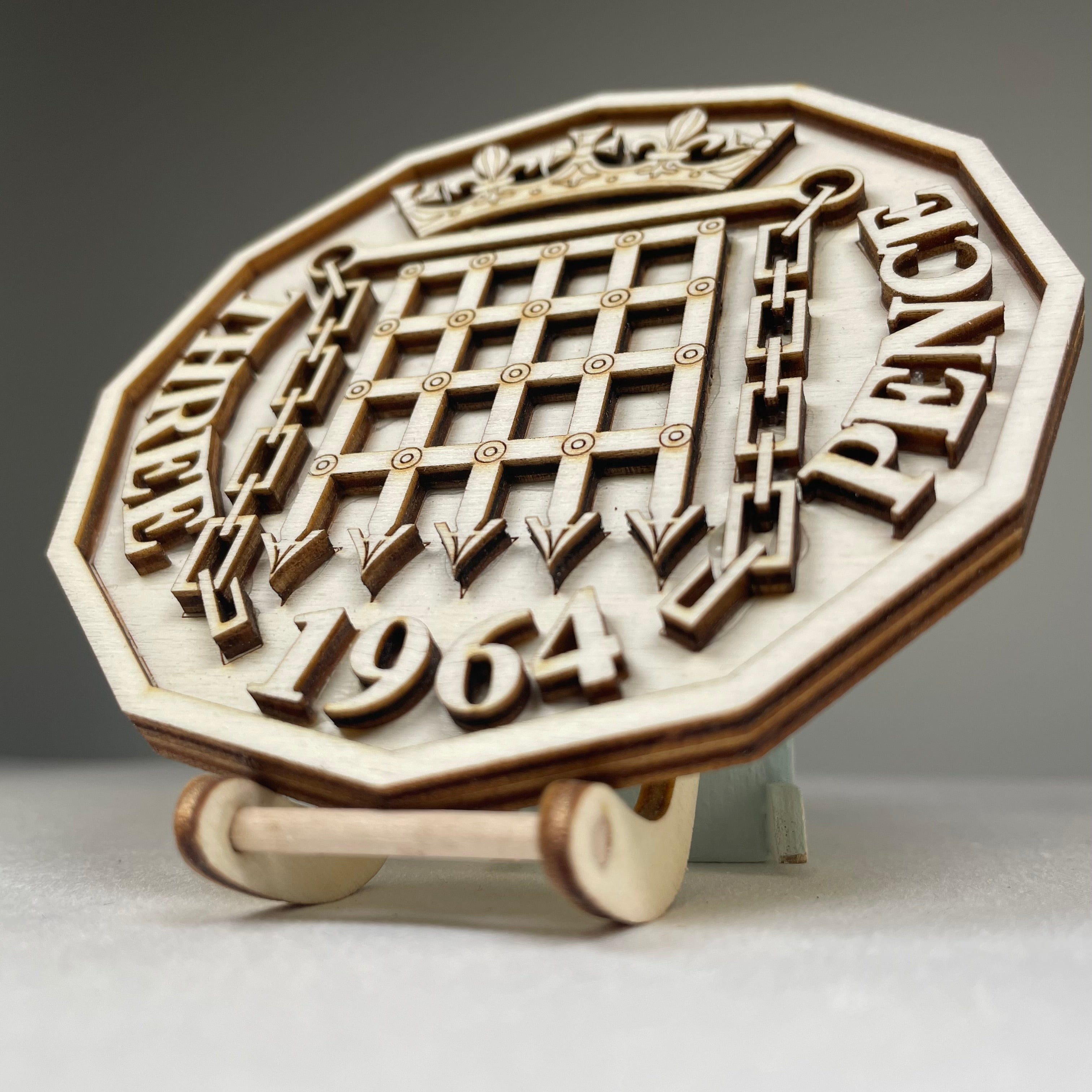 Handmade Curious Rabbit Three Pence Coaster featuring vintage coin icon design on ceramic tableware.