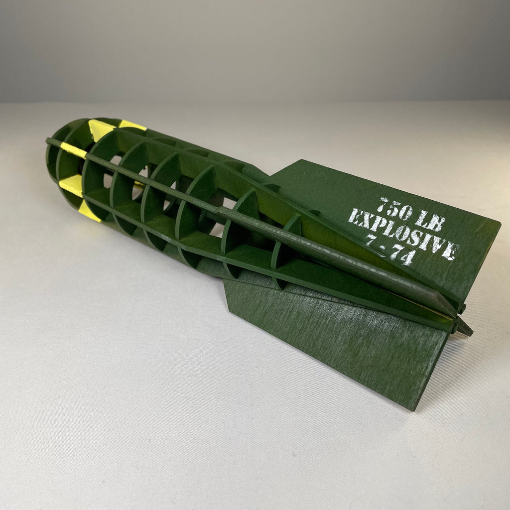 Curious Rabbit WW2 bomb flatpack model kit, detailed history replica, assembled view showing realistic design and components.