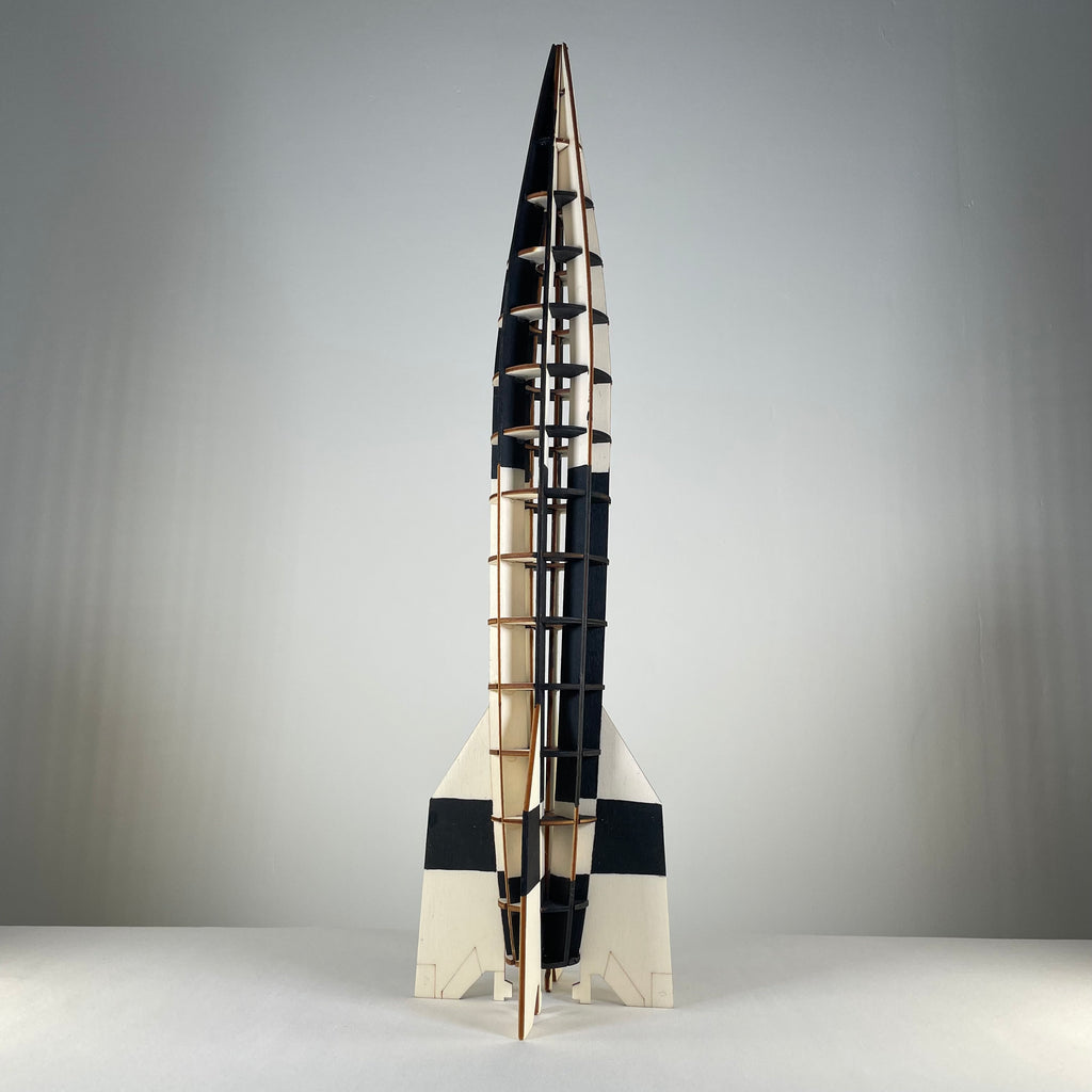 Curious Rabbit Prop V2 Rocket flatpack model kit from the history series, showing assembled model with detailed parts.