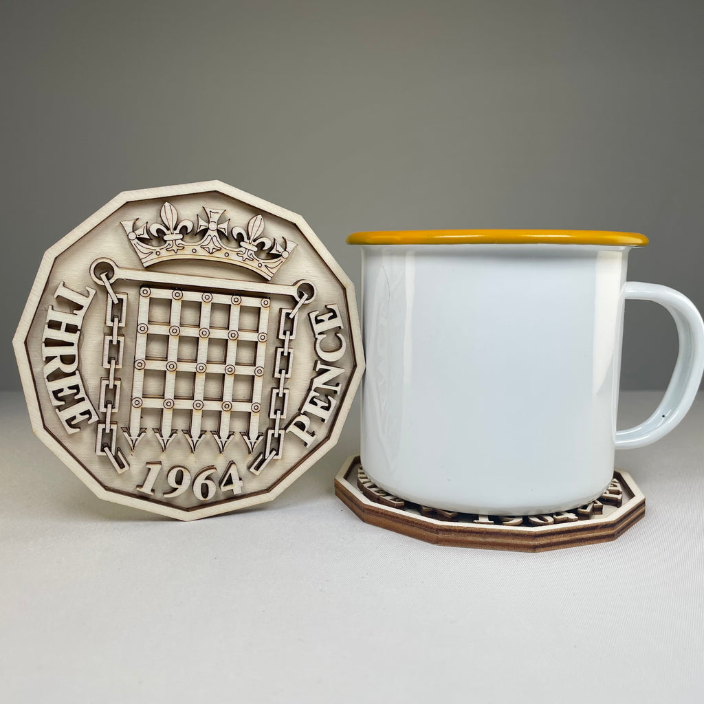 Handmade Three Pence Coaster featuring Curious Rabbit icons, showcasing detailed ceramic tableware with intricate designs.