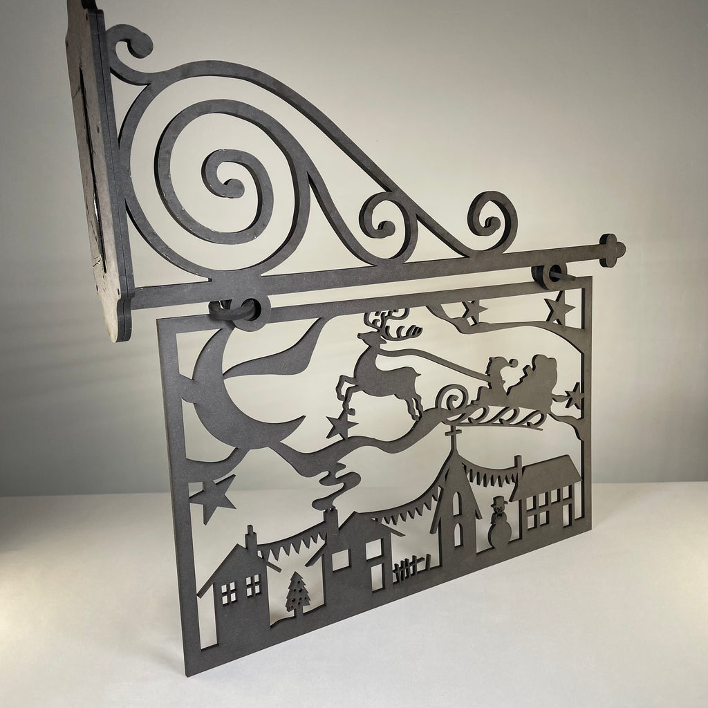 Handmade Hanging Santa Scene Sign Christmas ornament by Curious Rabbit, featuring festive holiday decoration with Santa and winter scene.