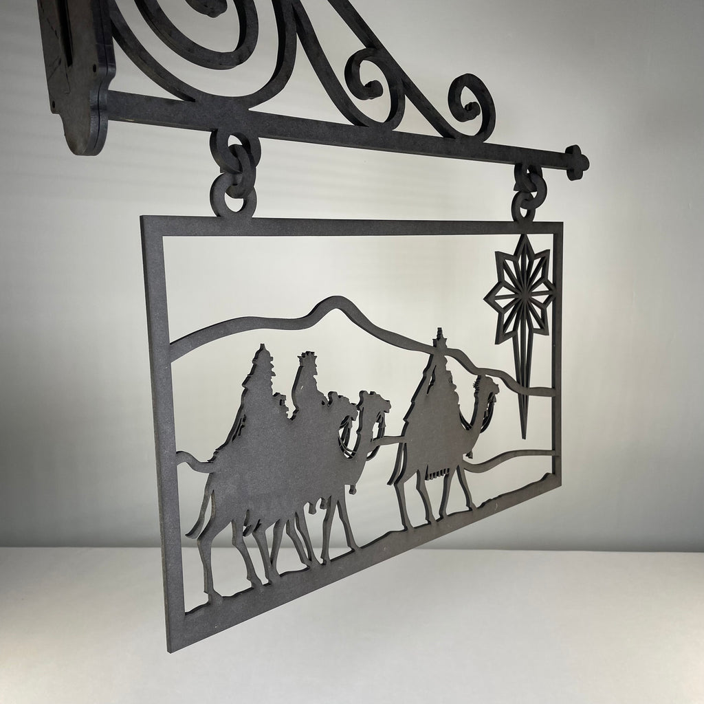 Handmade Curious Rabbit Christmas hanging nativity scene sign ornament with detailed nativity figures and festive design.