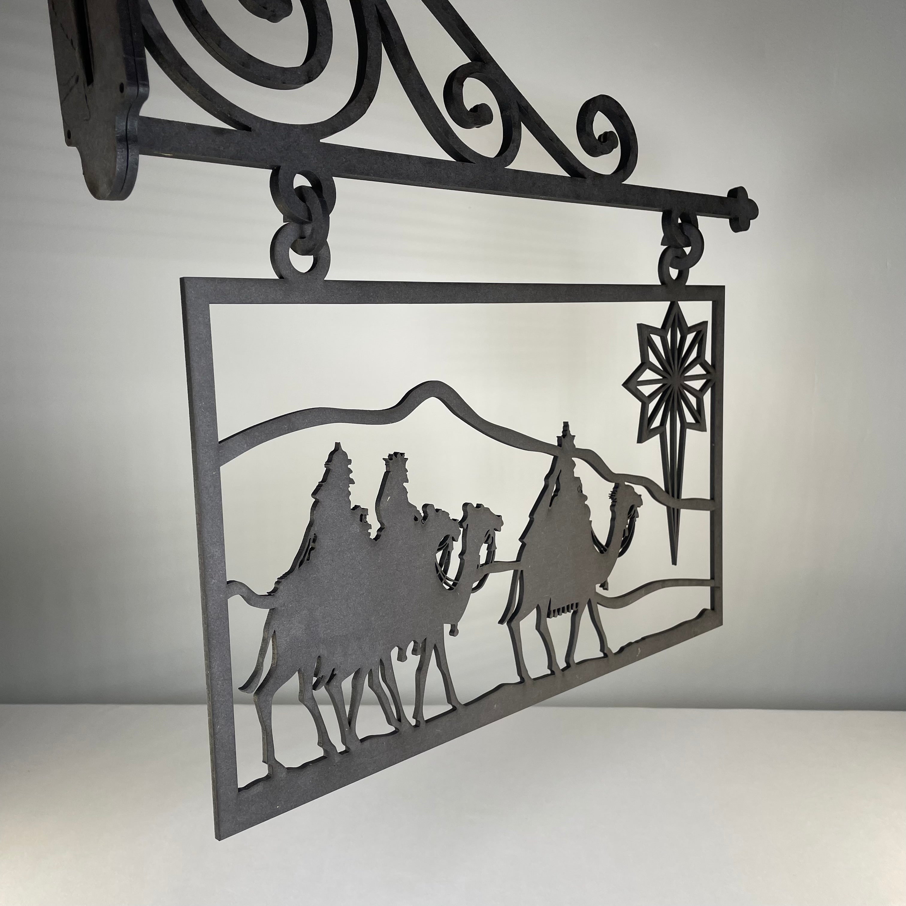 Handmade Curious Rabbit Christmas hanging nativity scene sign ornament with detailed nativity figures and festive design.
