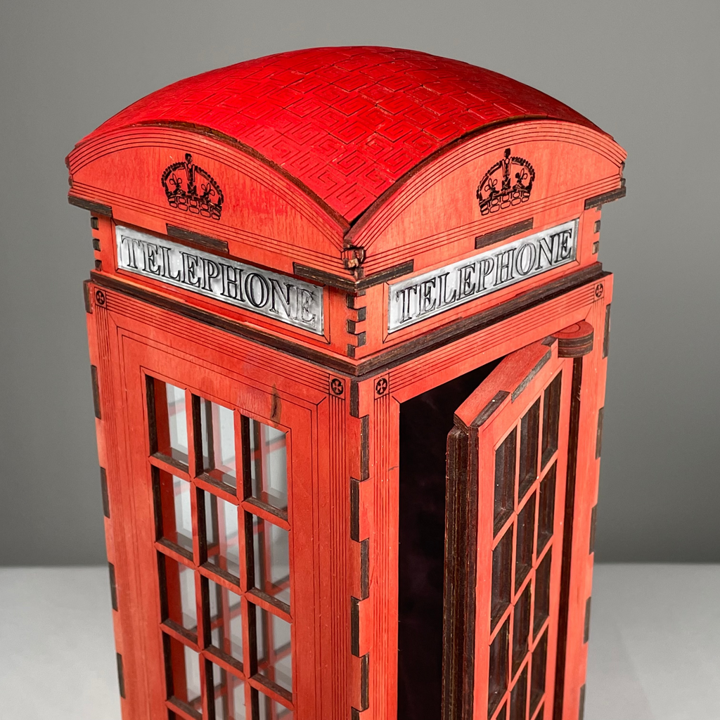 Curious Rabbit Telephone Box Lamp flatpack model kit, icon-style decorative lamp with detailed telephone box design.
