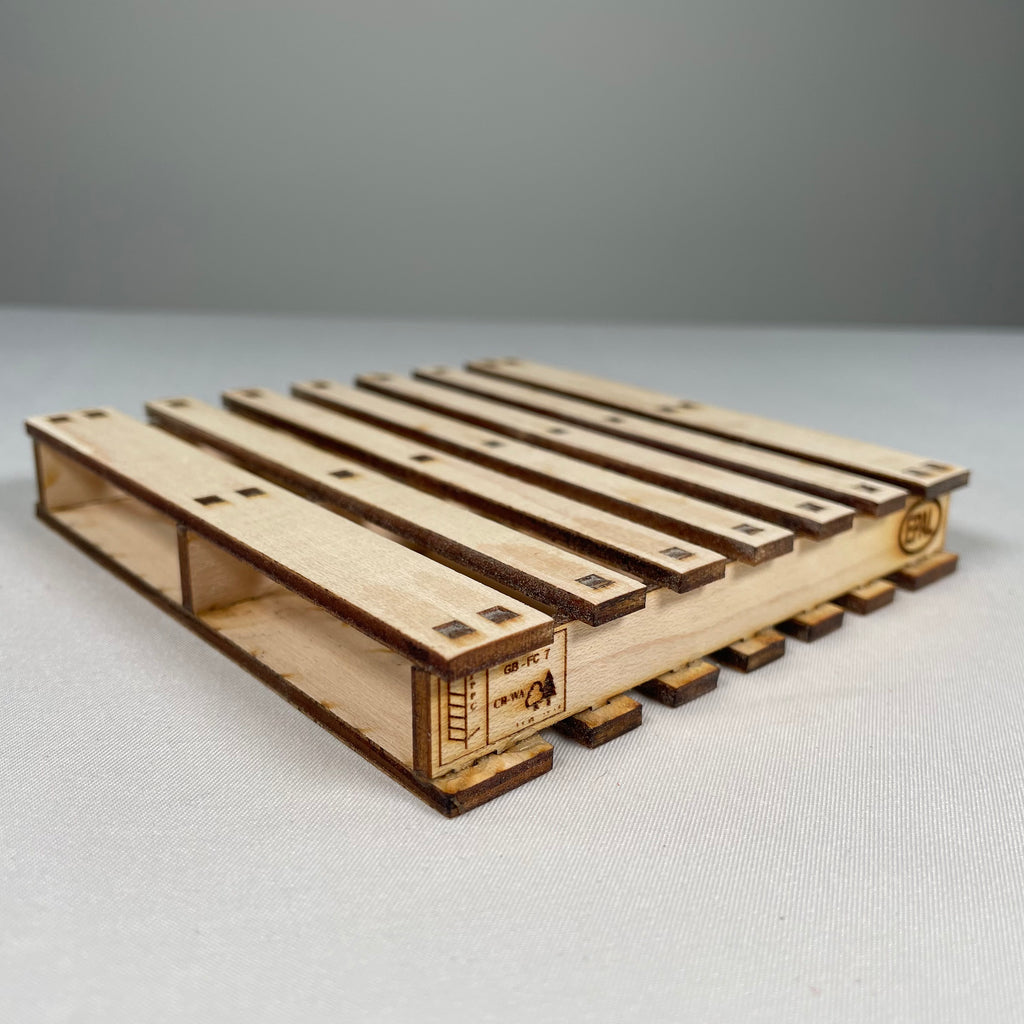 Icons of a pallet coaster flatpack model kit by Curious Rabbit, showing assembled wooden coaster with detailed design.