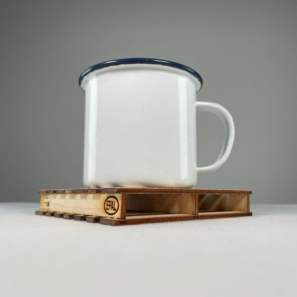 Curious Rabbit flatpack pallet coaster icon kit featuring assembled wooden pallet coasters on a white background.