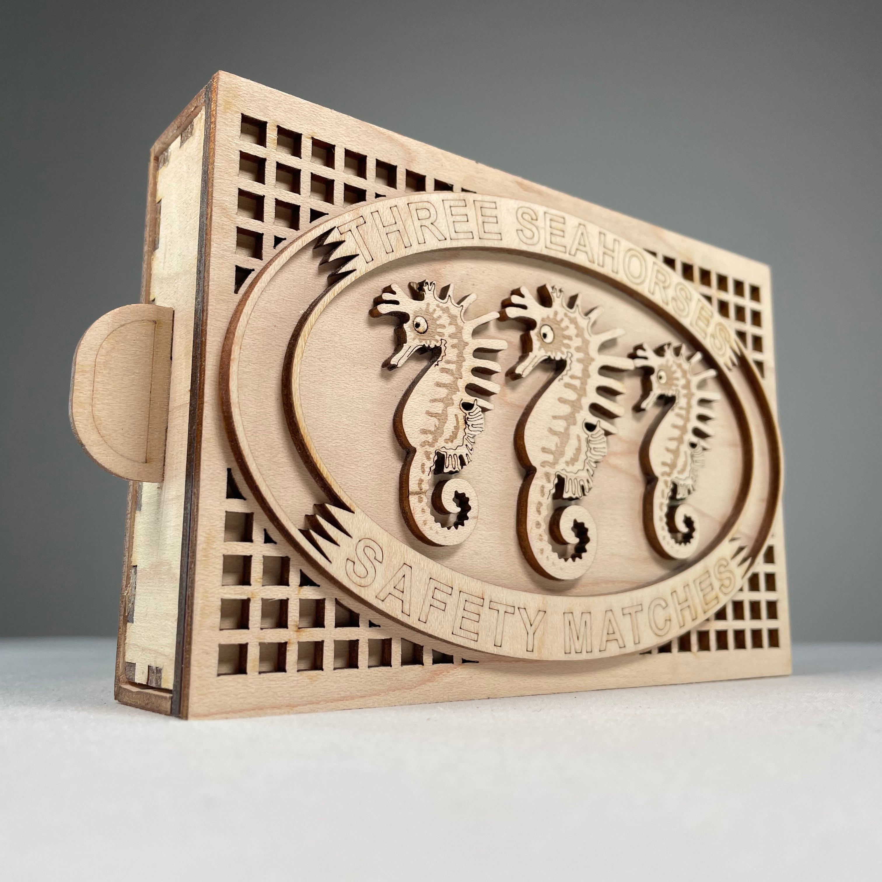 Vintage Curious Rabbit Matchbox Seahorse model, ready-made collectible with detailed seahorse design on a small box.