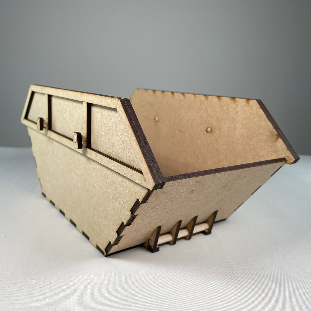 Icons of a Skip Waste Container Flatpack Model Kit by Curious Rabbit, showcasing detailed, colorful illustrations of the container parts.