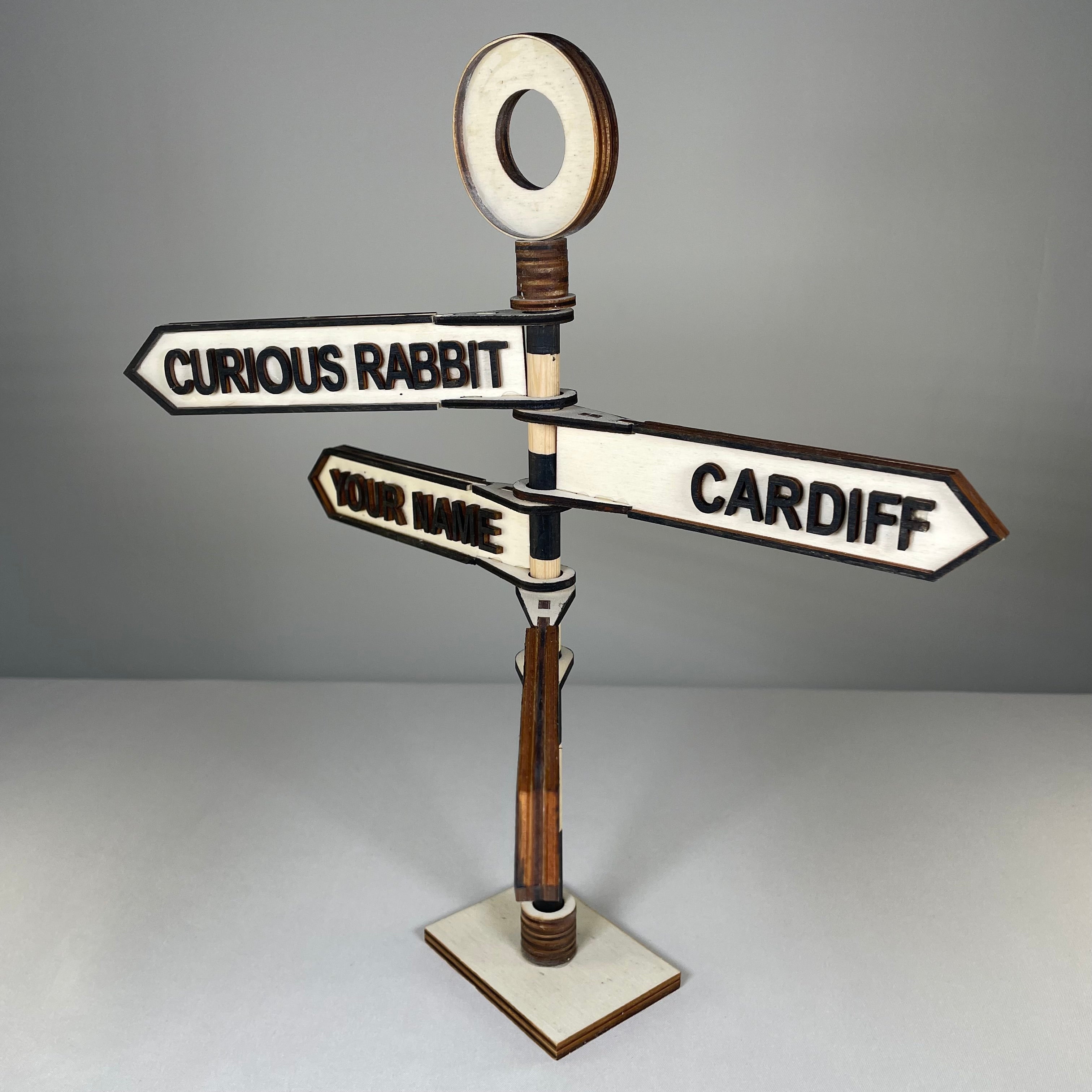Handmade Curious Rabbit Traditional Direction Sign ornament featuring icons with arrows and vintage design elements.