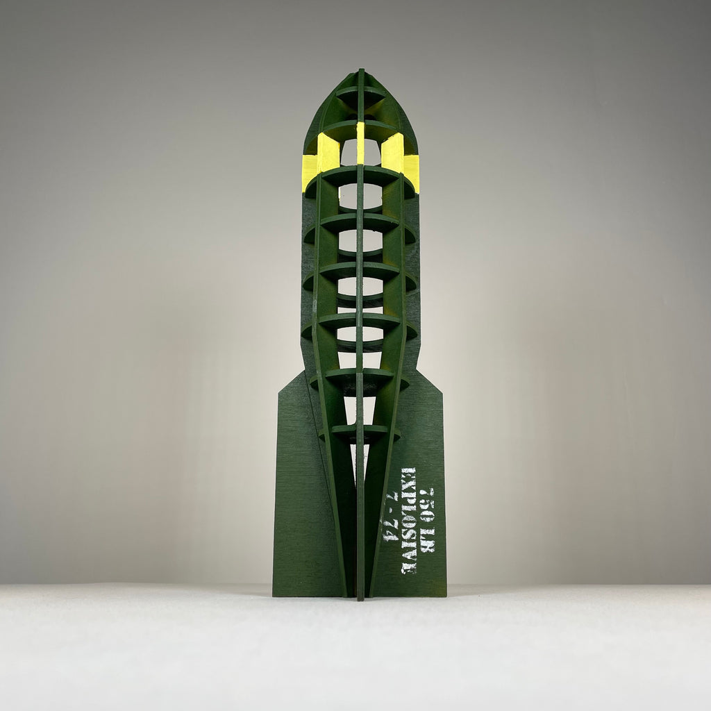Curious Rabbit WW2 bomb flatpack model kit, detailed history replica for assembly and display.