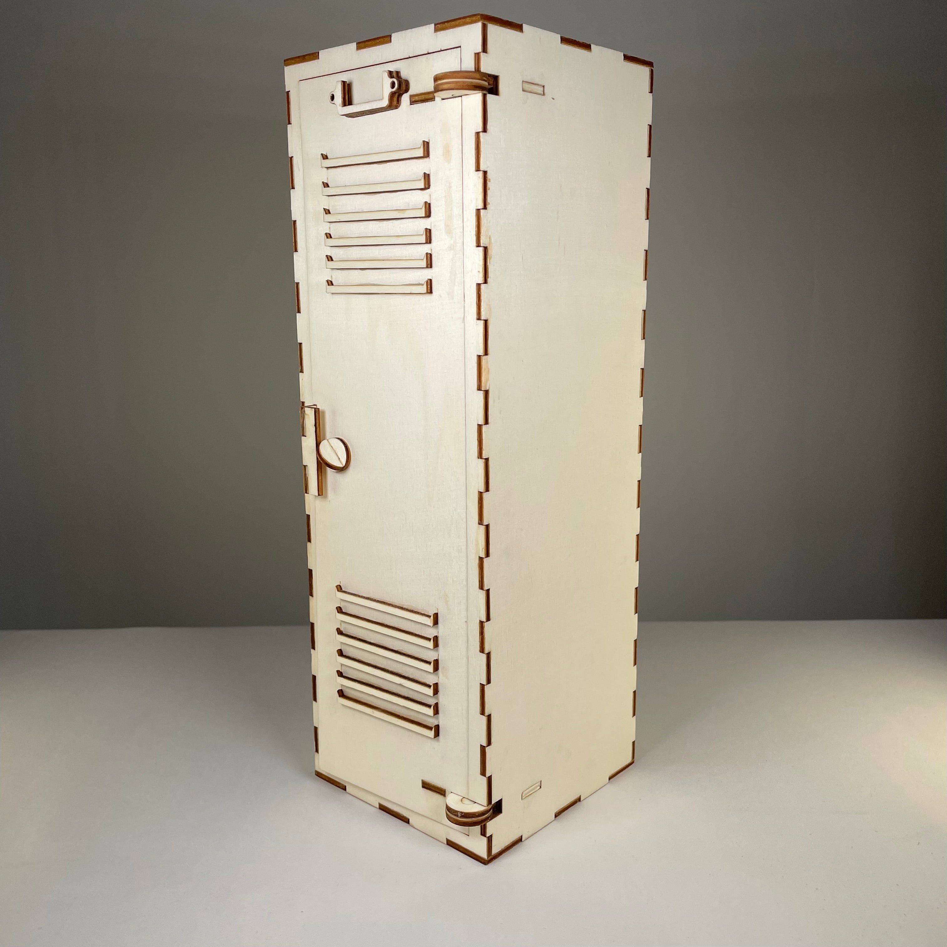 Vintage Curious Rabbit school locker flatpack model kit shown assembled, featuring detailed miniature locker with doors and shelving.