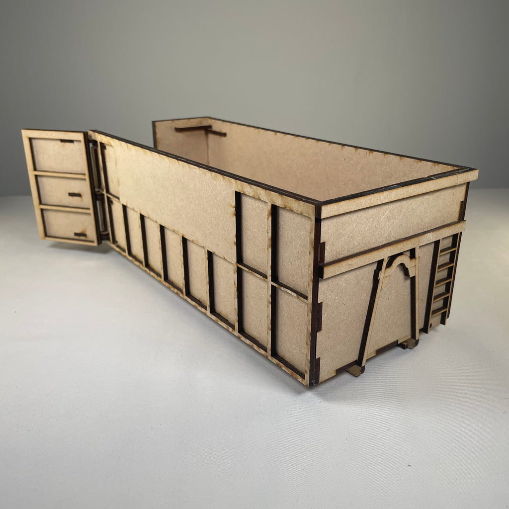 Icons of a Curious Rabbit Roll-on/Roll-off skip flatpack model kit, illustrating different views and components in a clean, minimal style.