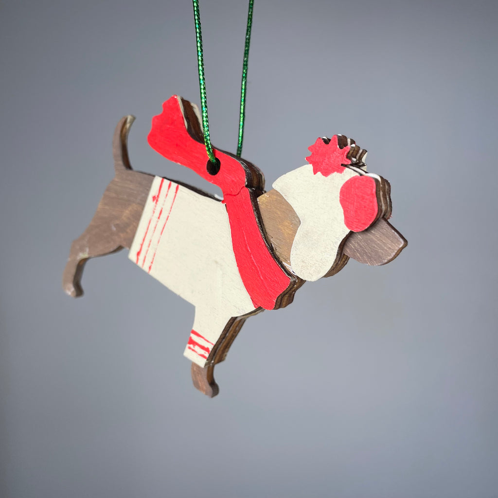 Handmade beagle dog pet ornament by Curious Rabbit, featuring detailed craftsmanship and festive holiday design.