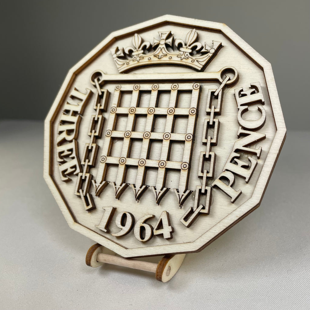 Handmade Three Pence coaster by Curious Rabbit featuring vintage coin icons on ceramic tableware.