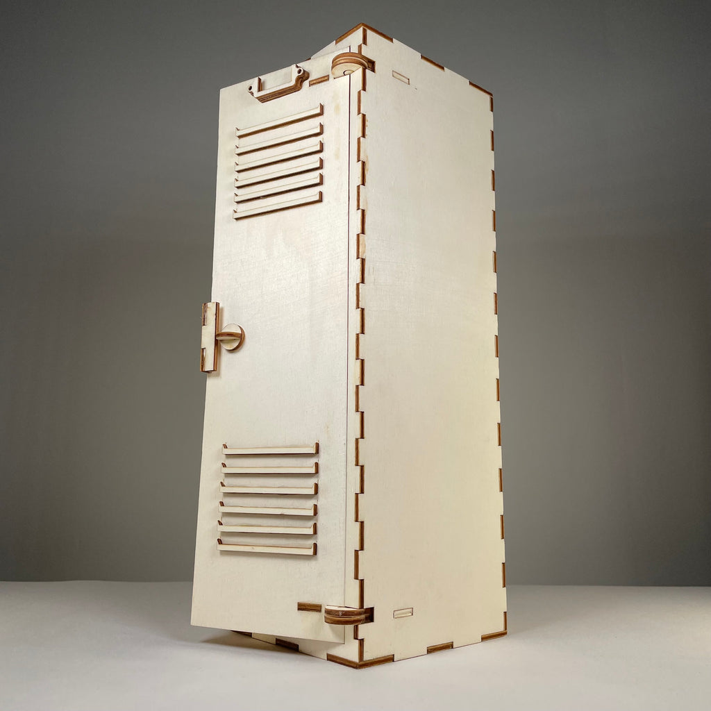 Vintage Curious Rabbit school locker flatpack model kit with detailed parts and assembly instructions, ideal for collectors and hobbyists.