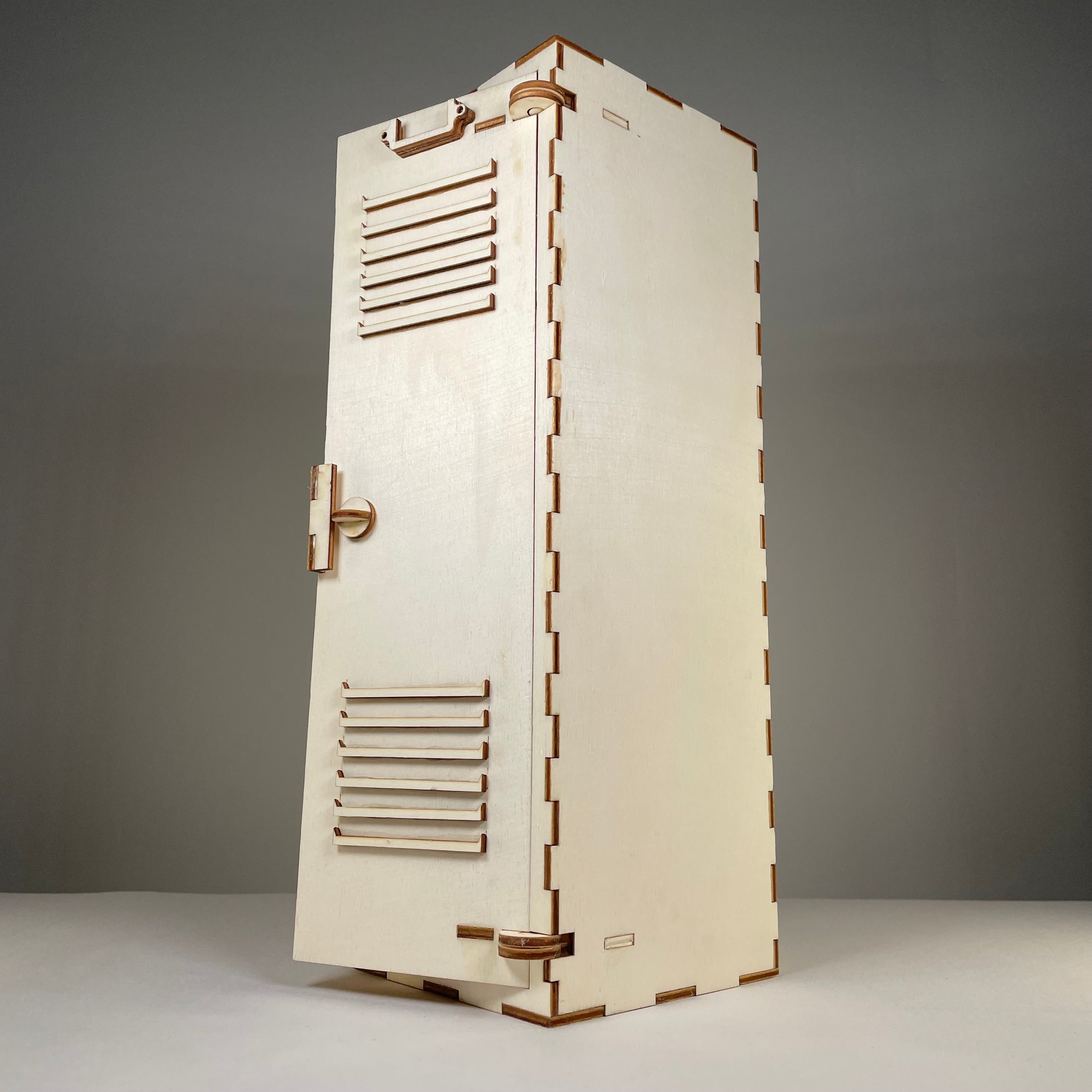 Vintage Curious Rabbit school locker flatpack model kit with detailed parts and assembly instructions, ideal for collectors and hobbyists.
