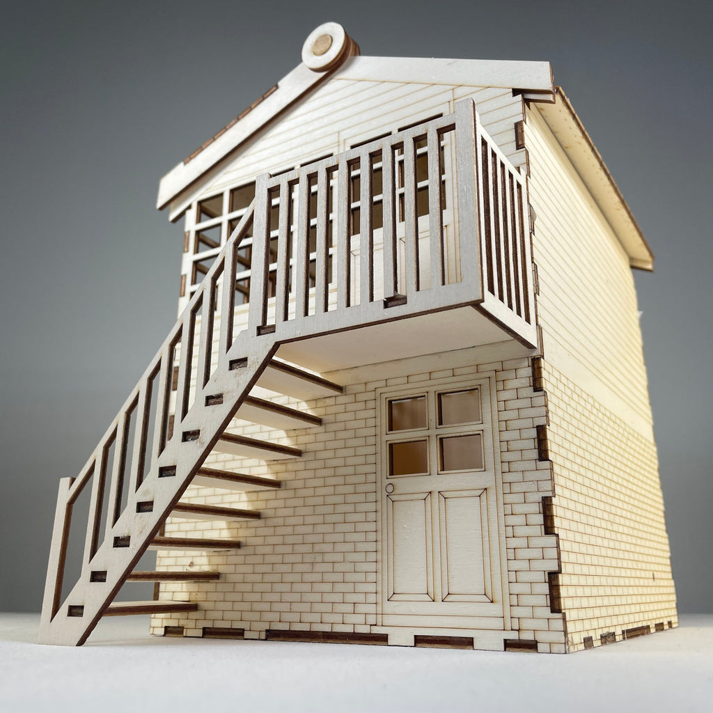 Curious Rabbit flatpack model kit of a railway signal box, detailed miniature railway signal box for model train setups.