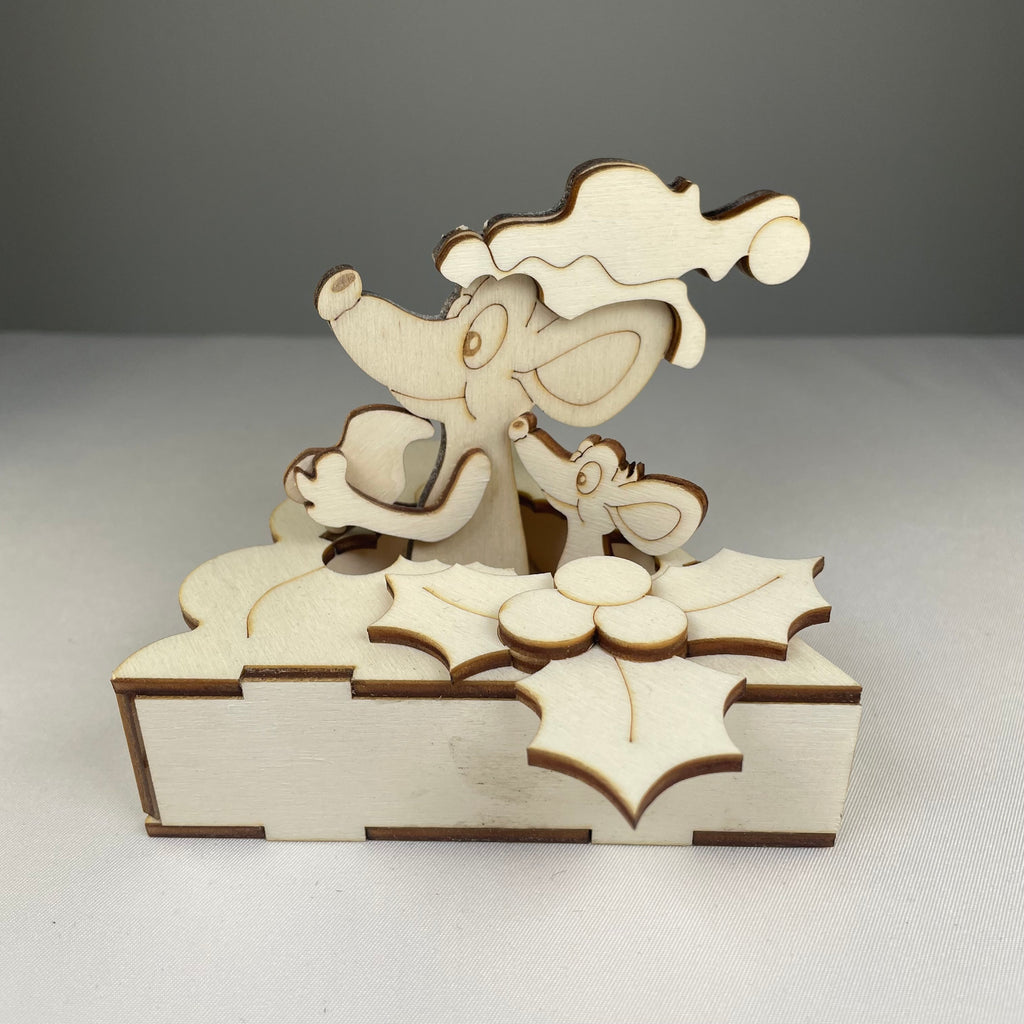 Curious Rabbit Festive Mice in the Pie Christmas flatpack model kit with colorful mouse figures and pie design for holiday decor.