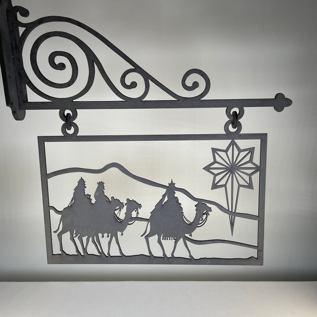 Handmade Curious Rabbit Christmas hanging nativity scene sign ornament with festive holiday design and detailed craftsmanship.