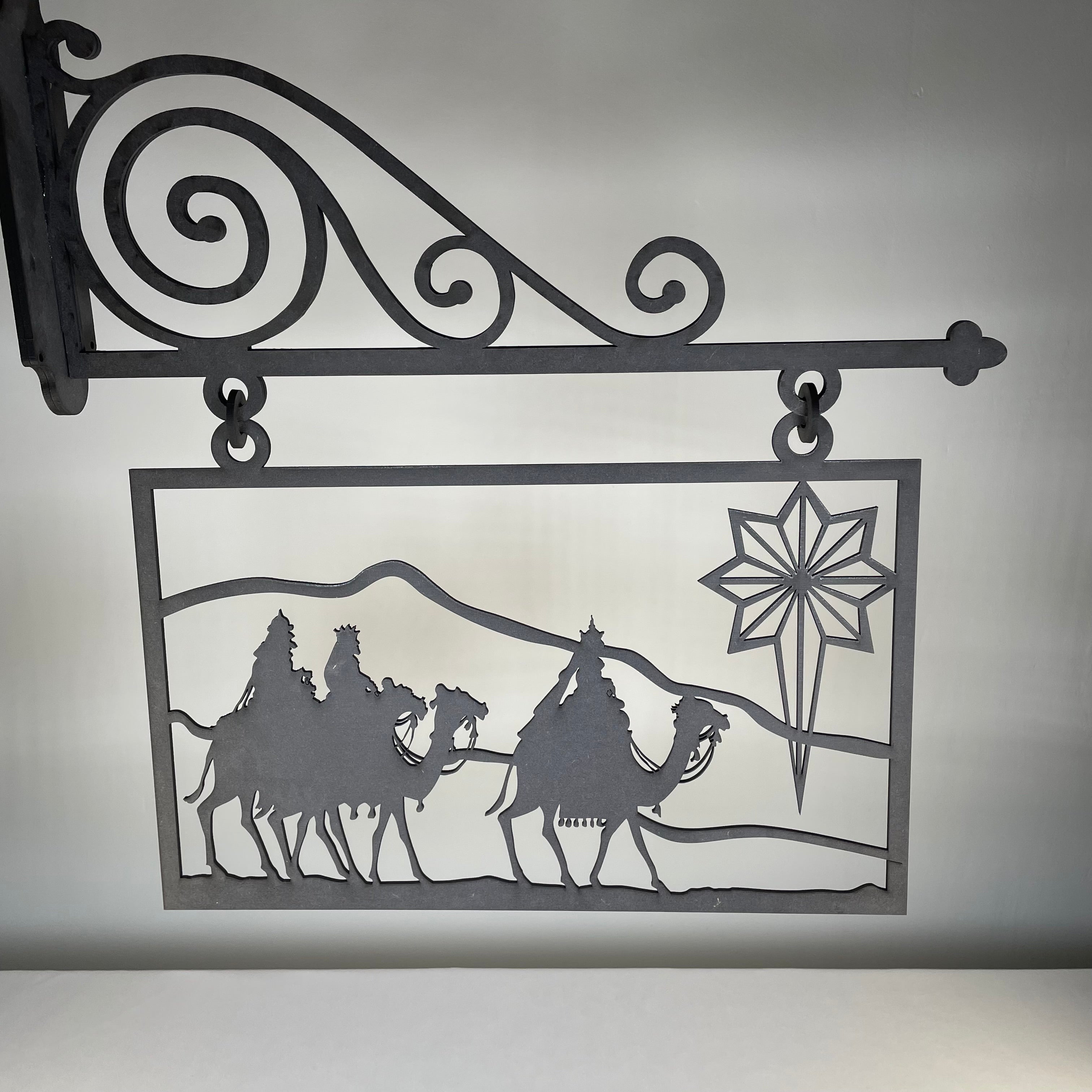 Handmade Curious Rabbit Christmas hanging nativity scene sign ornament with festive holiday design and detailed craftsmanship.