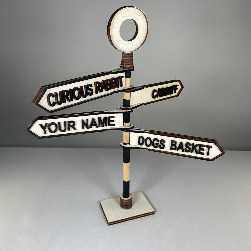 Handmade Curious Rabbit traditional direction sign ornament featuring colorful icons and vintage style.