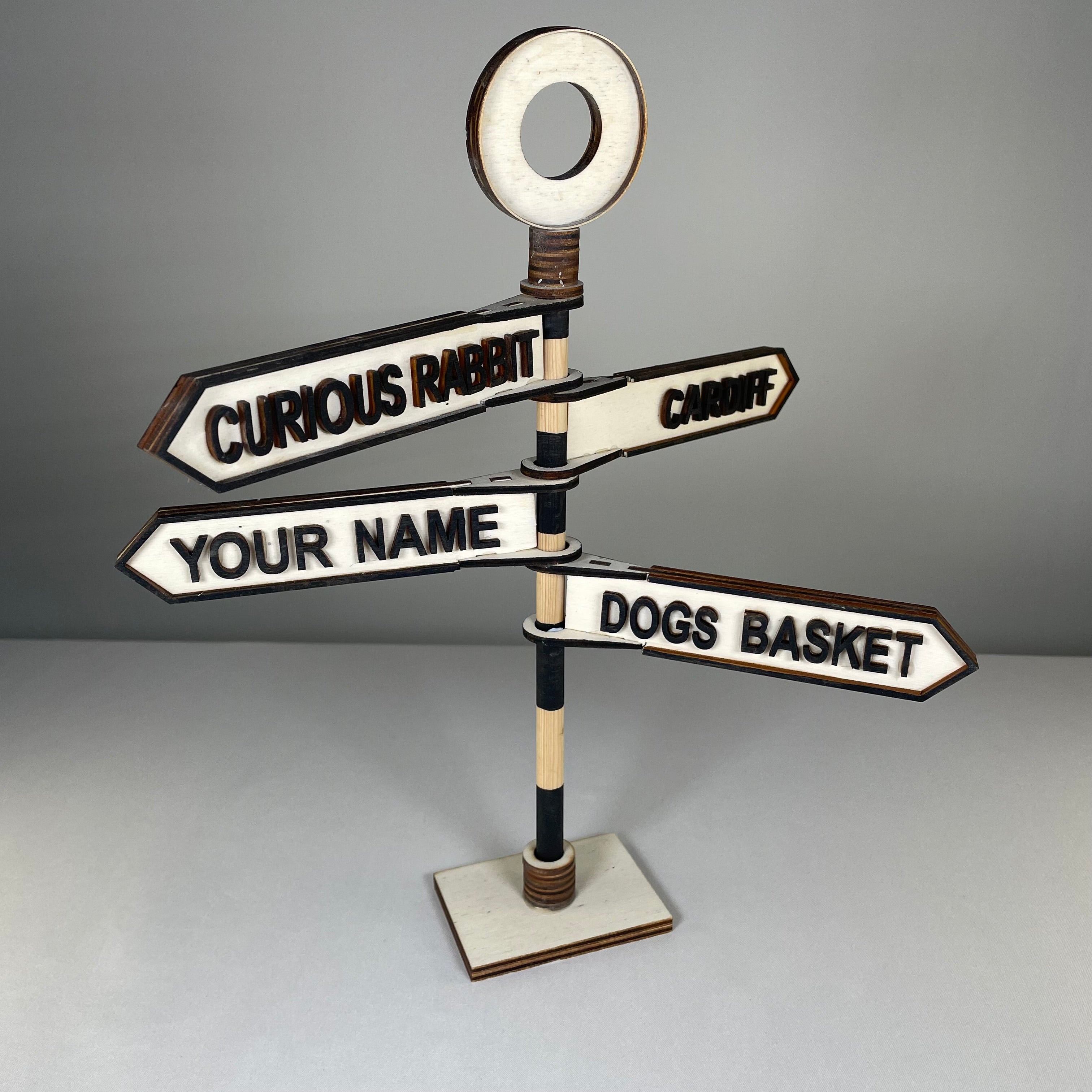 Handmade Curious Rabbit traditional direction sign ornament featuring colorful icons and vintage style.