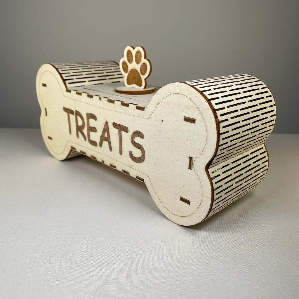 Curious Rabbit dog treat box flatpack model kit, featuring a compact, foldable pet treat storage container with playful design.