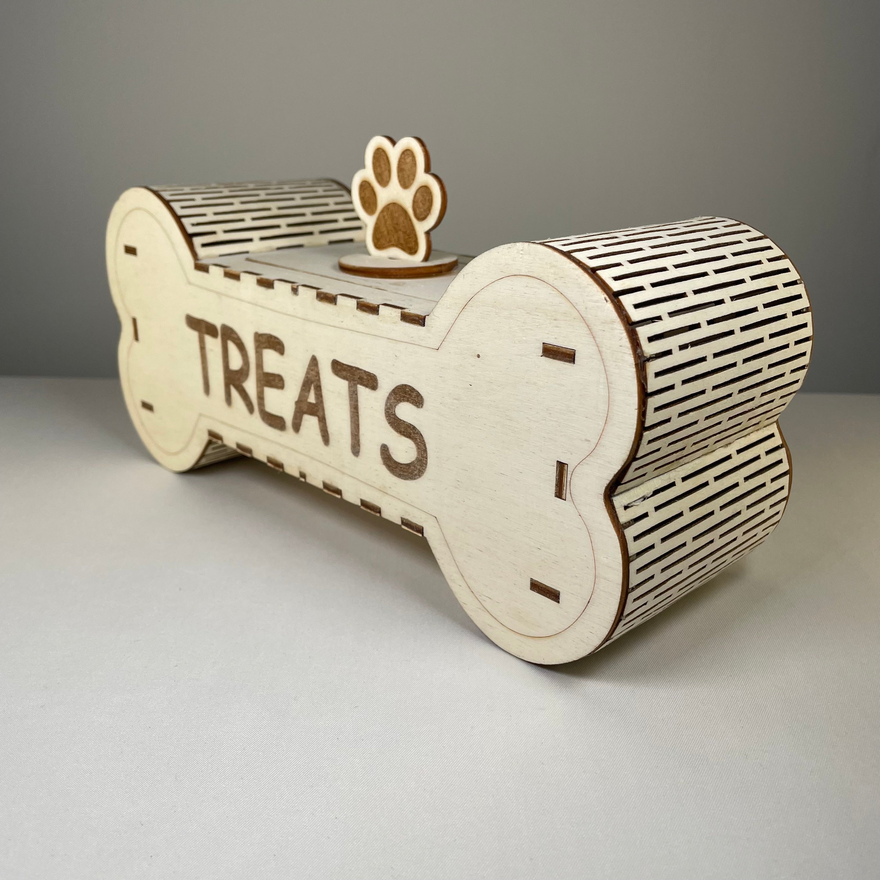 Curious Rabbit dog treat box flatpack model kit, featuring a compact, foldable pet treat storage container with playful design.