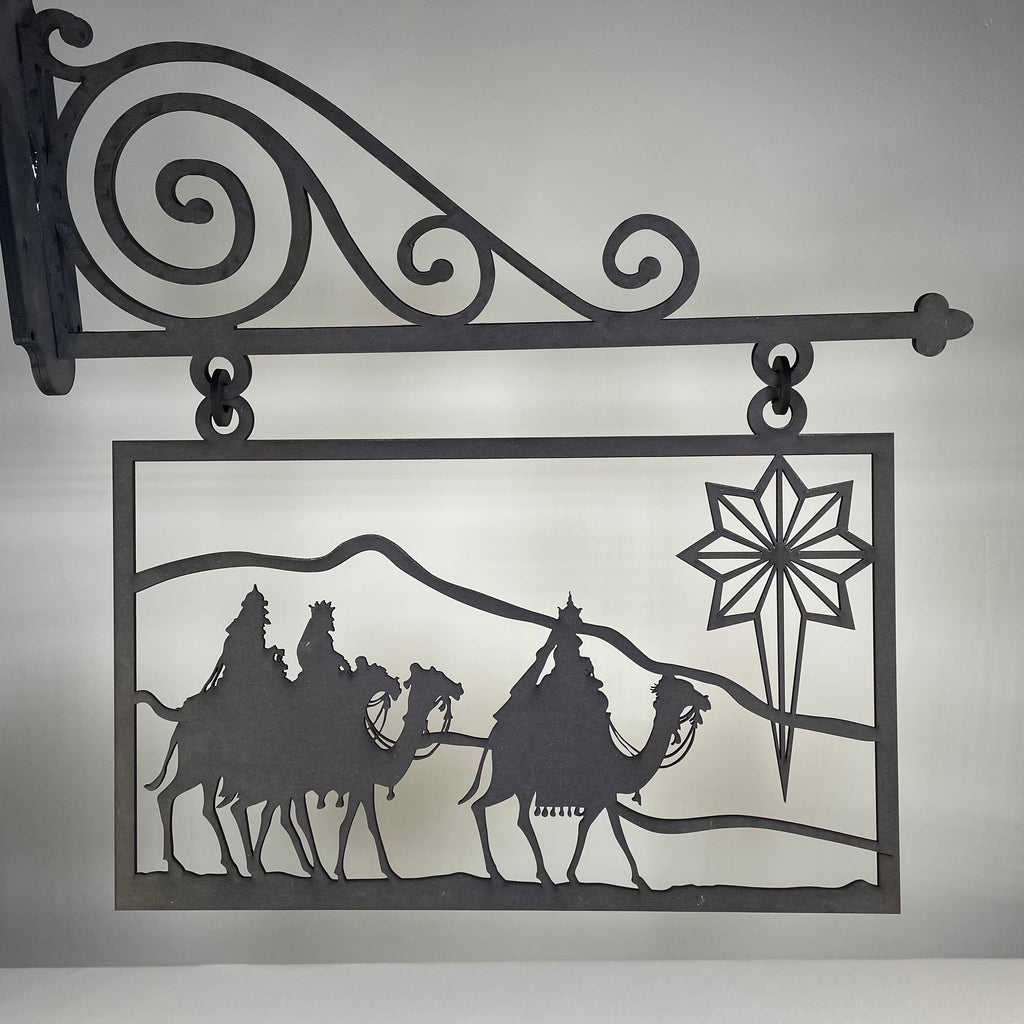 Handmade Curious Rabbit hanging nativity scene sign ornament for Christmas, featuring festive holiday design and detailed craftsmanship.