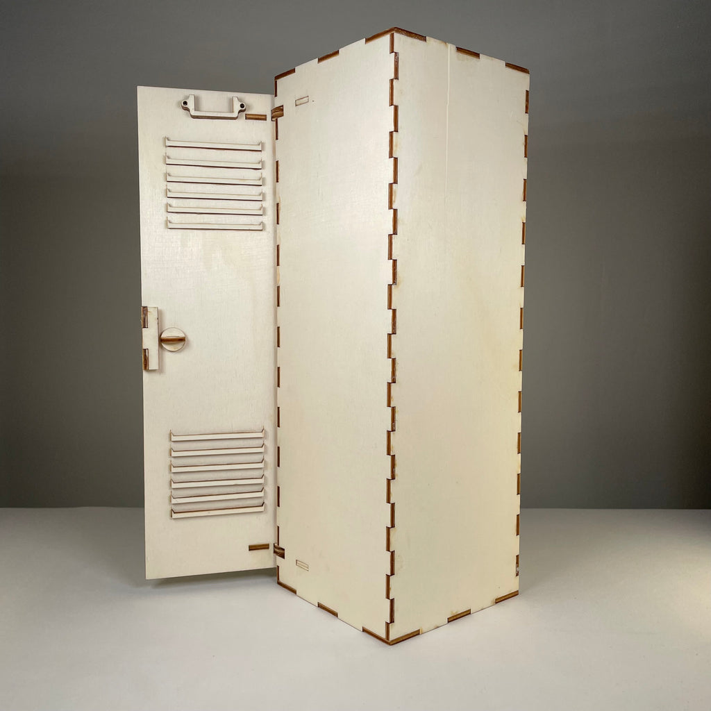 Vintage Curious Rabbit school locker flatpack model kit with detailed door and handle, assembled for display.