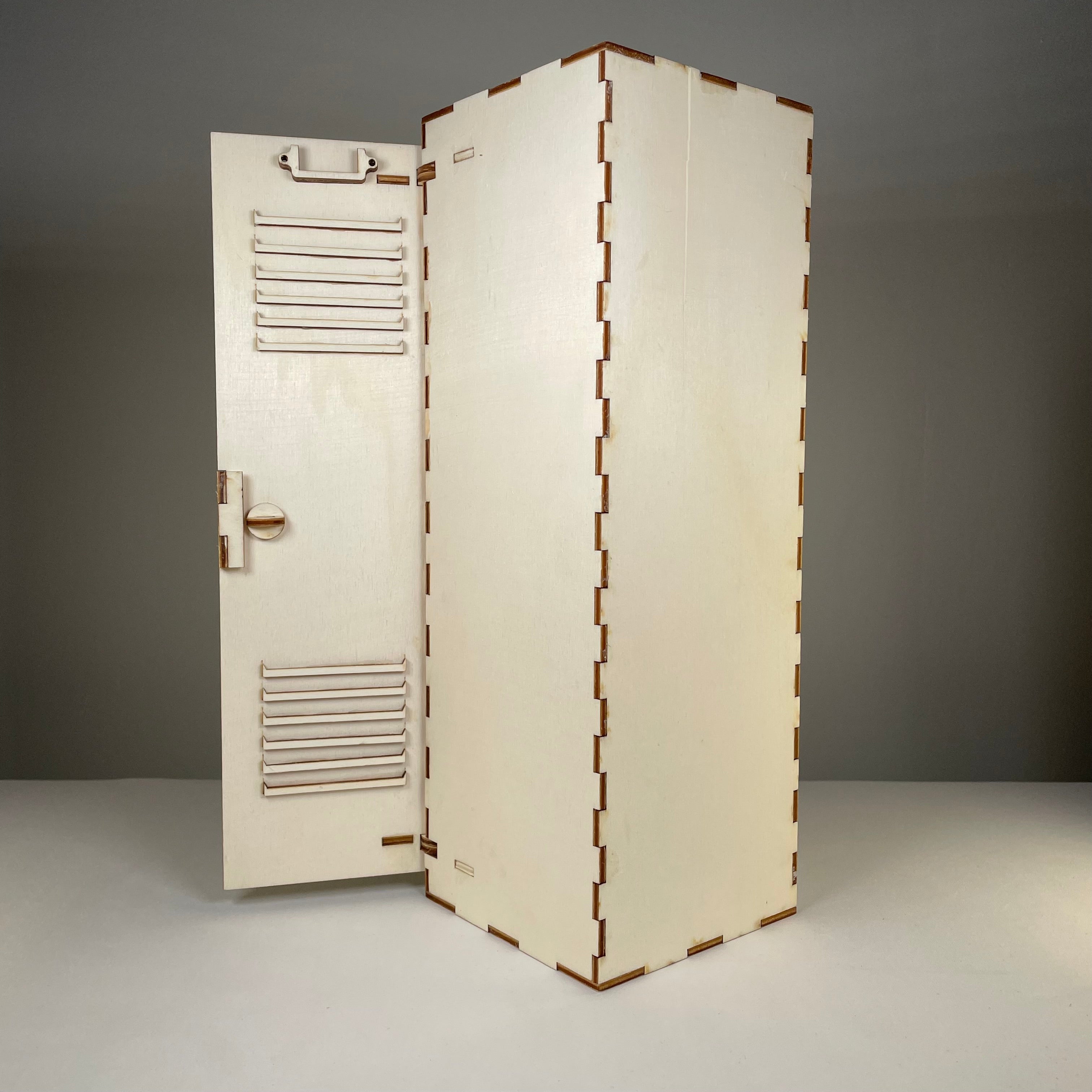 Vintage Curious Rabbit school locker flatpack model kit with detailed door and handle, assembled for display.