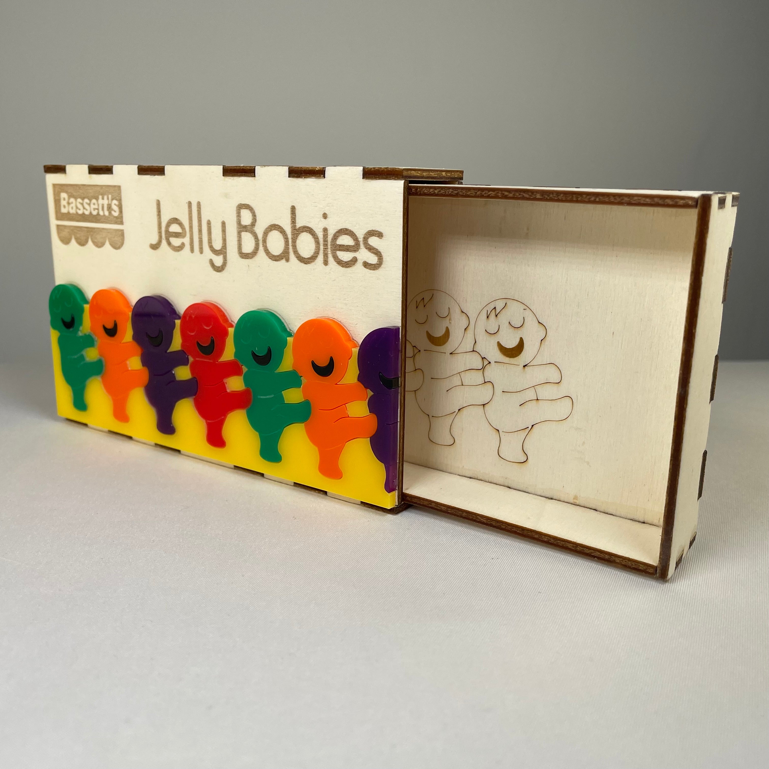 Curious Rabbit retro Jelly Babies box model featuring colorful jelly candies in a vintage-style packaging.