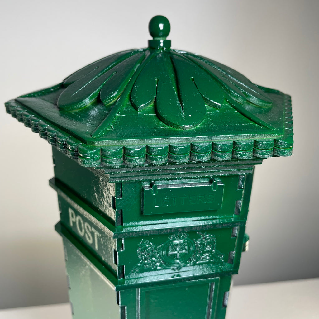 Curious Rabbit Penfold Pillar Post Box flatpack model kit with icon design, assembled showing postal box details.