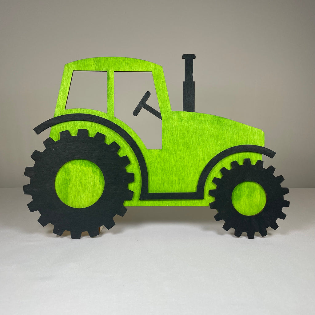 Handmade Curious Rabbit tractor garden wall display sign, decorative wooden ornament for outdoor or indoor garden decor.