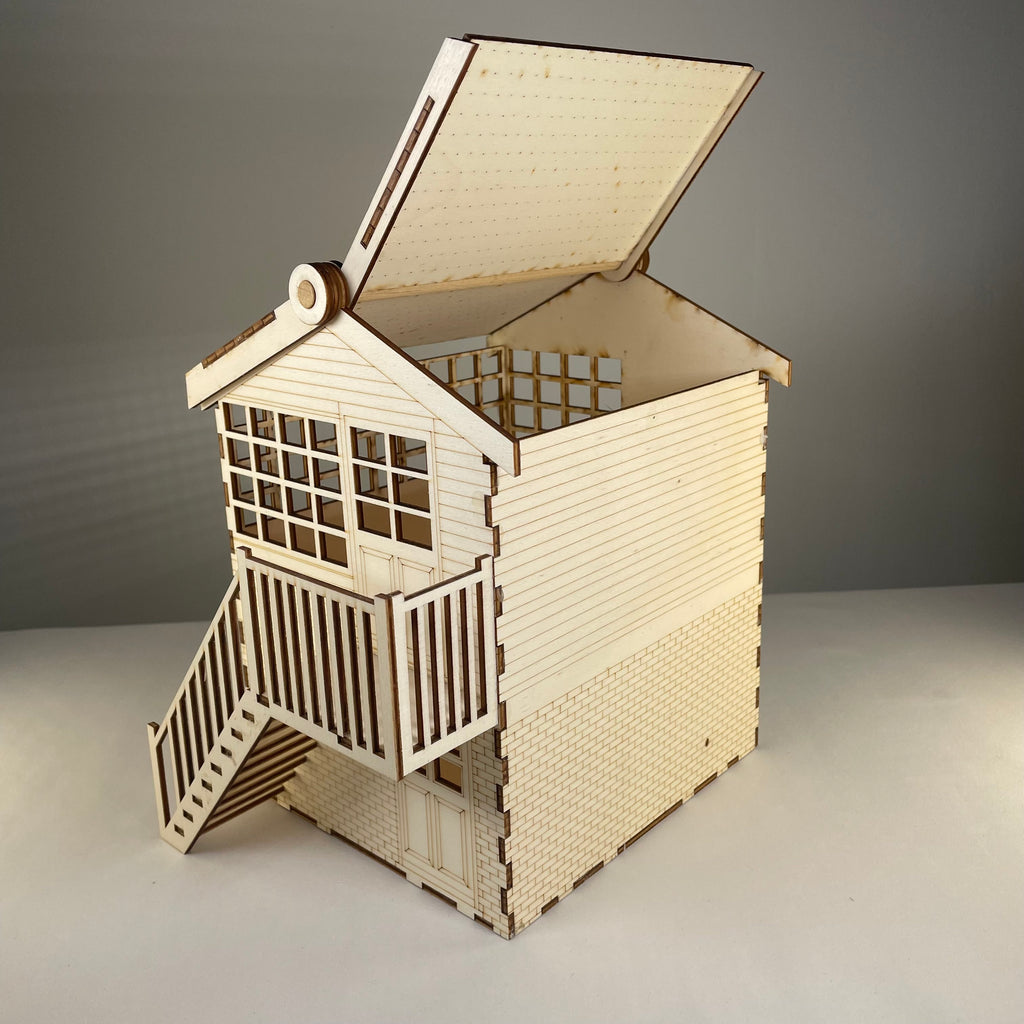 Curious Rabbit railway signal box flatpack model kit, detailed miniature railway signal box for model train setups.