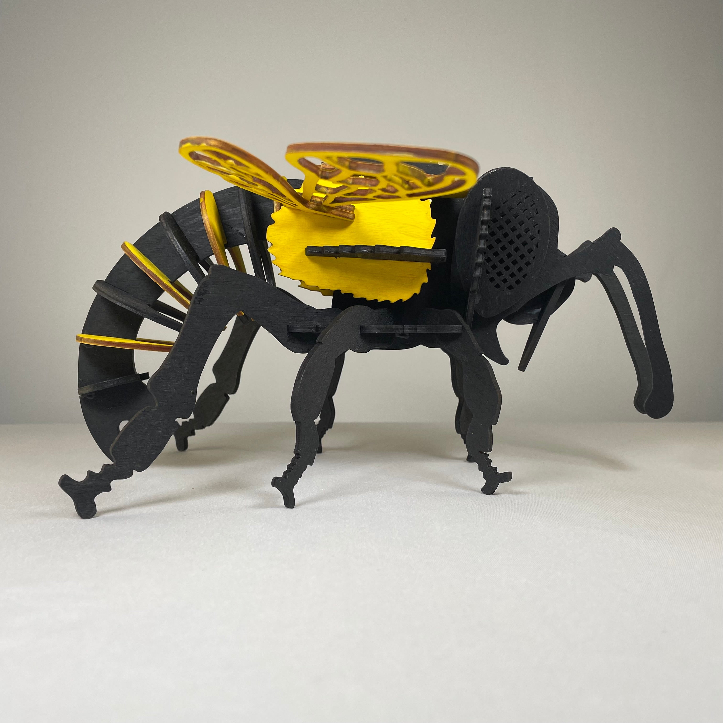 Curious Rabbit Bee Puzzle garden flatpack model kit showing assembled wooden bee with detailed wings and body design.