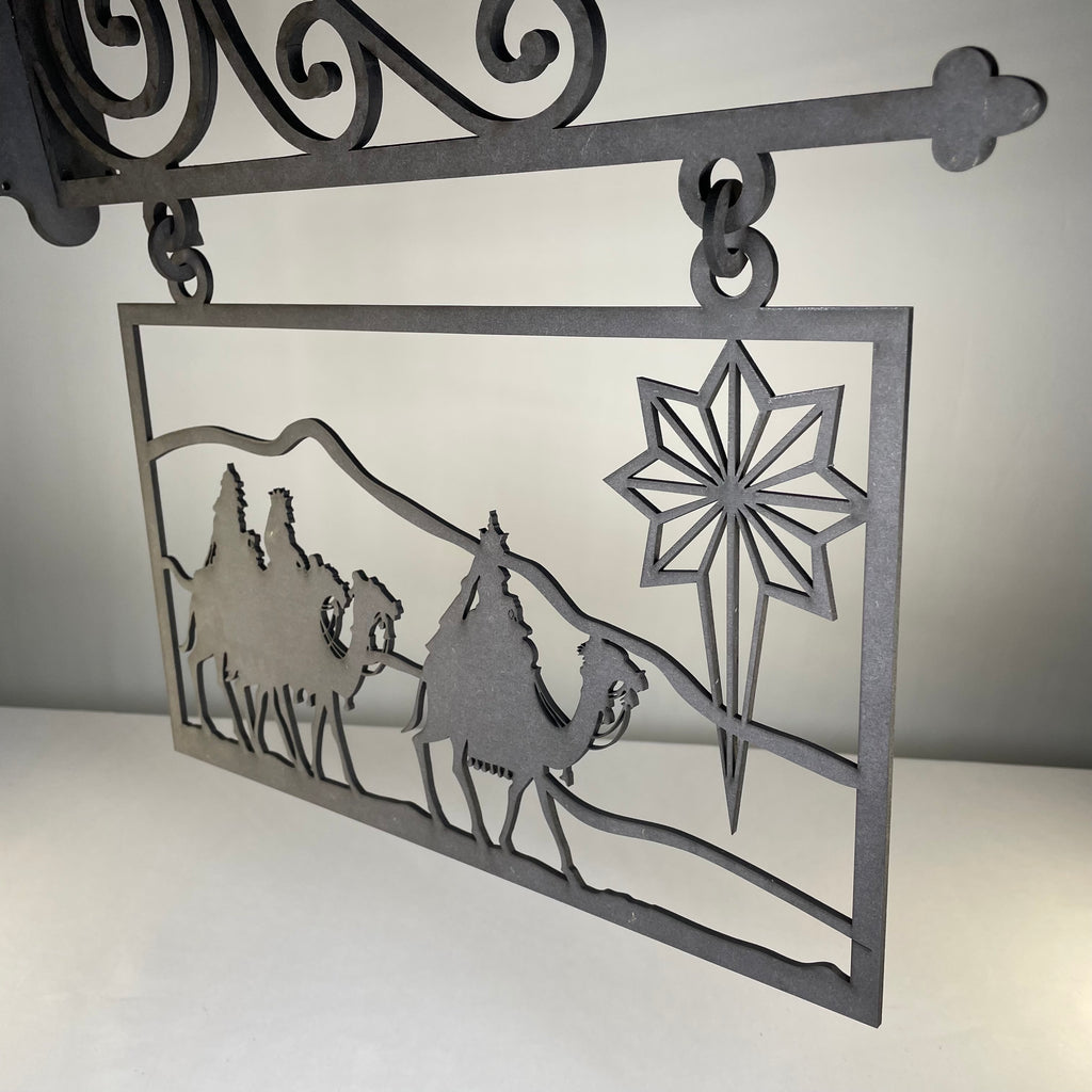 Handmade Curious Rabbit Christmas Hanging Nativity Scene sign ornament with detailed nativity figures and festive holiday design.