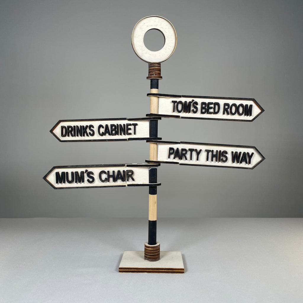 Handmade Curious Rabbit Christmas direction sign ornament with colorful arrows and festive holiday design.