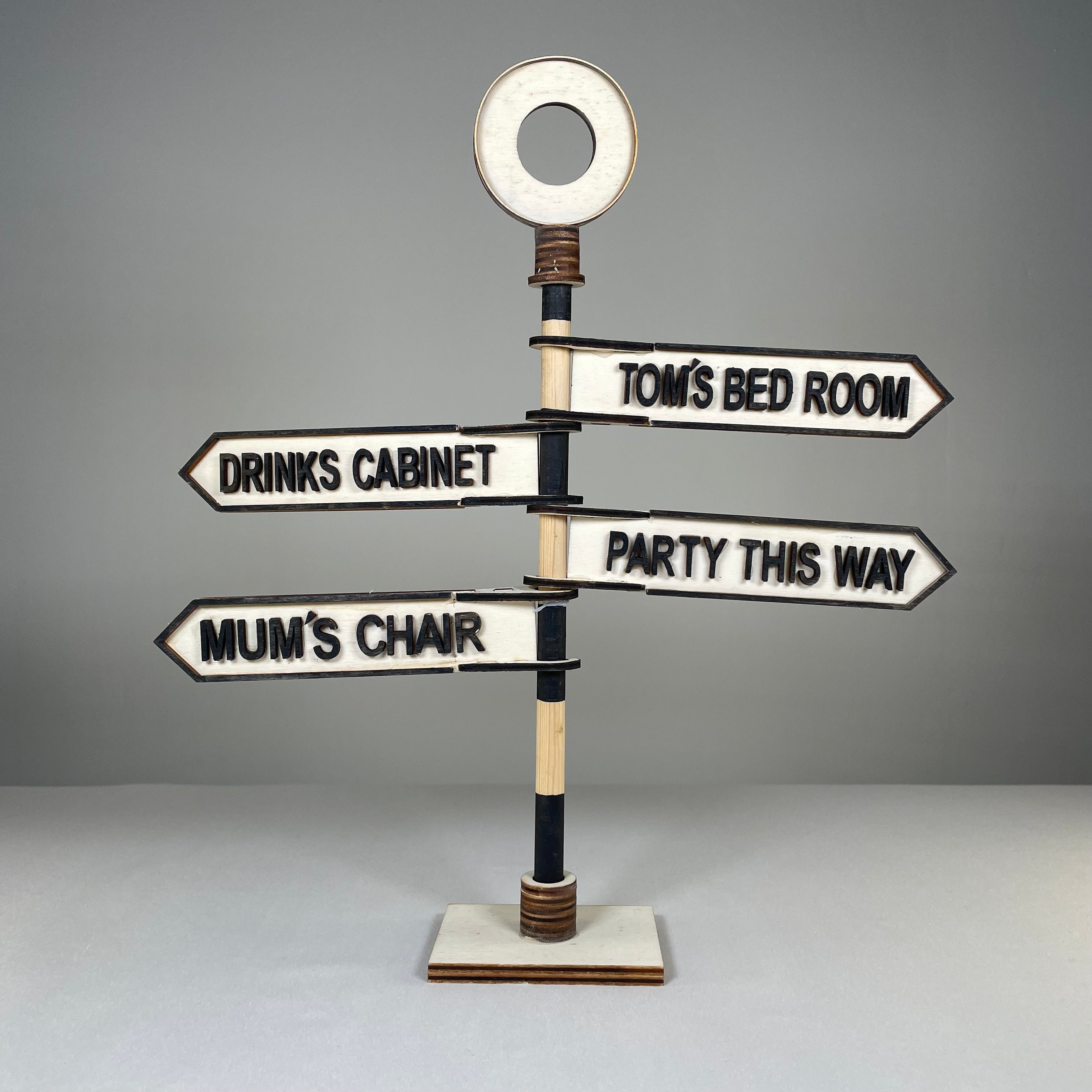 Handmade Curious Rabbit Christmas direction sign ornament with colorful arrows and festive holiday design.