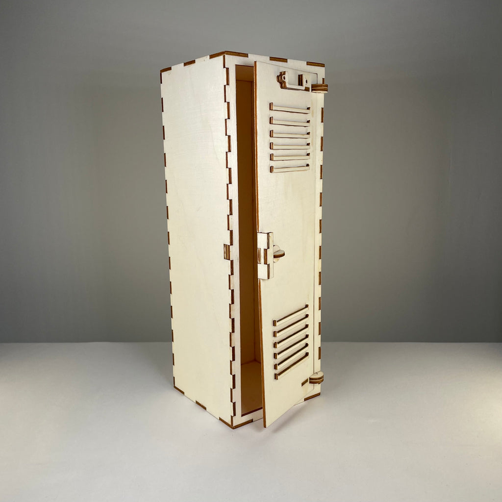 Vintage Curious Rabbit school locker flatpack model kit, assembled with detailed doors, handle, and a classic metal locker design.