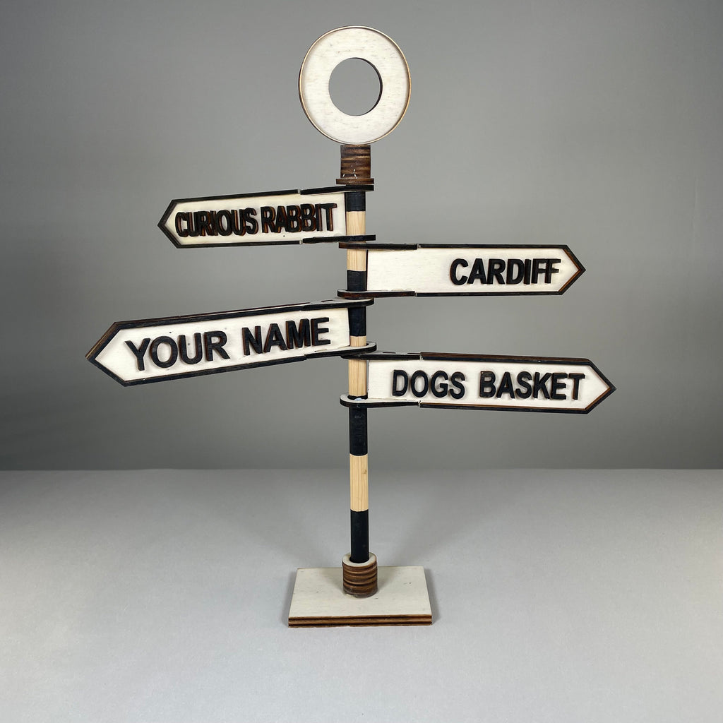 Handmade traditional direction sign icon ornament by Curious Rabbit, featuring vintage-style directional arrows on a rustic wooden background.