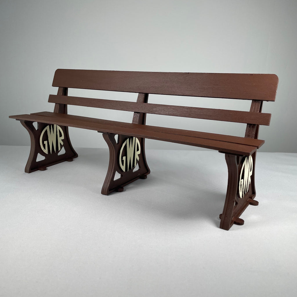 Curious Rabbit GWR Bench flatpack model kit for railway enthusiasts, assembled with detailed wooden parts and vintage design.