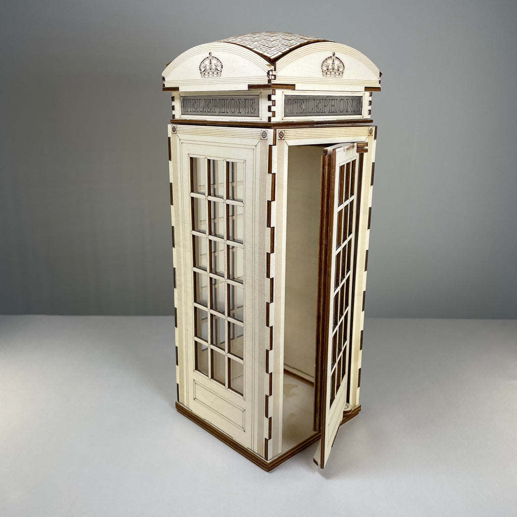 Curious Rabbit Telephone Box Lamp icon flatpack model kit, flatpack design with detailed telephone box shape in bright colors.