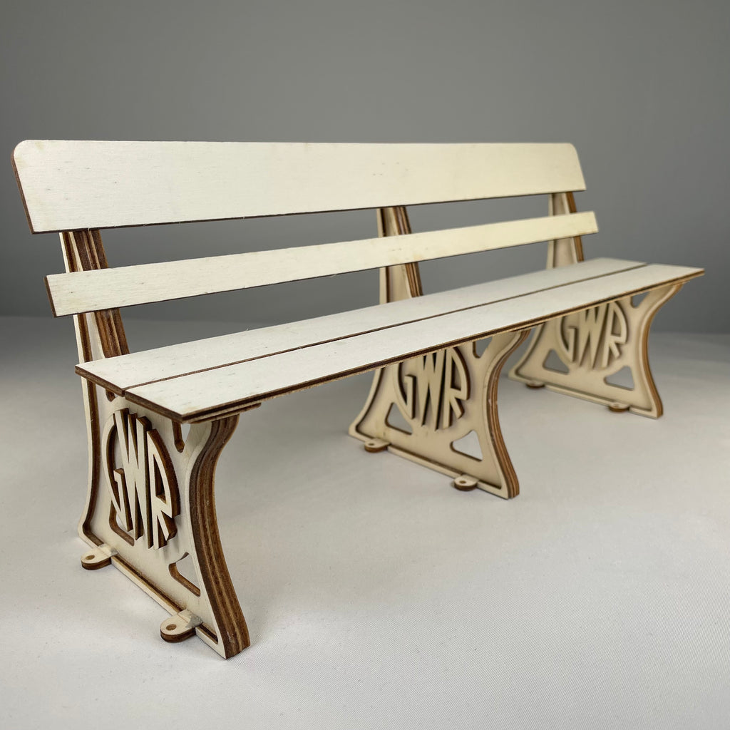 Curious Rabbit GWR Bench flatpack model kit for railway enthusiasts, showing assembled wooden bench with detailed craftsmanship.