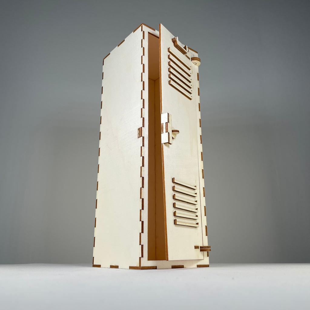 Vintage Curious Rabbit school locker flatpack model kit with detailed metal door and vent details, assembled for display.