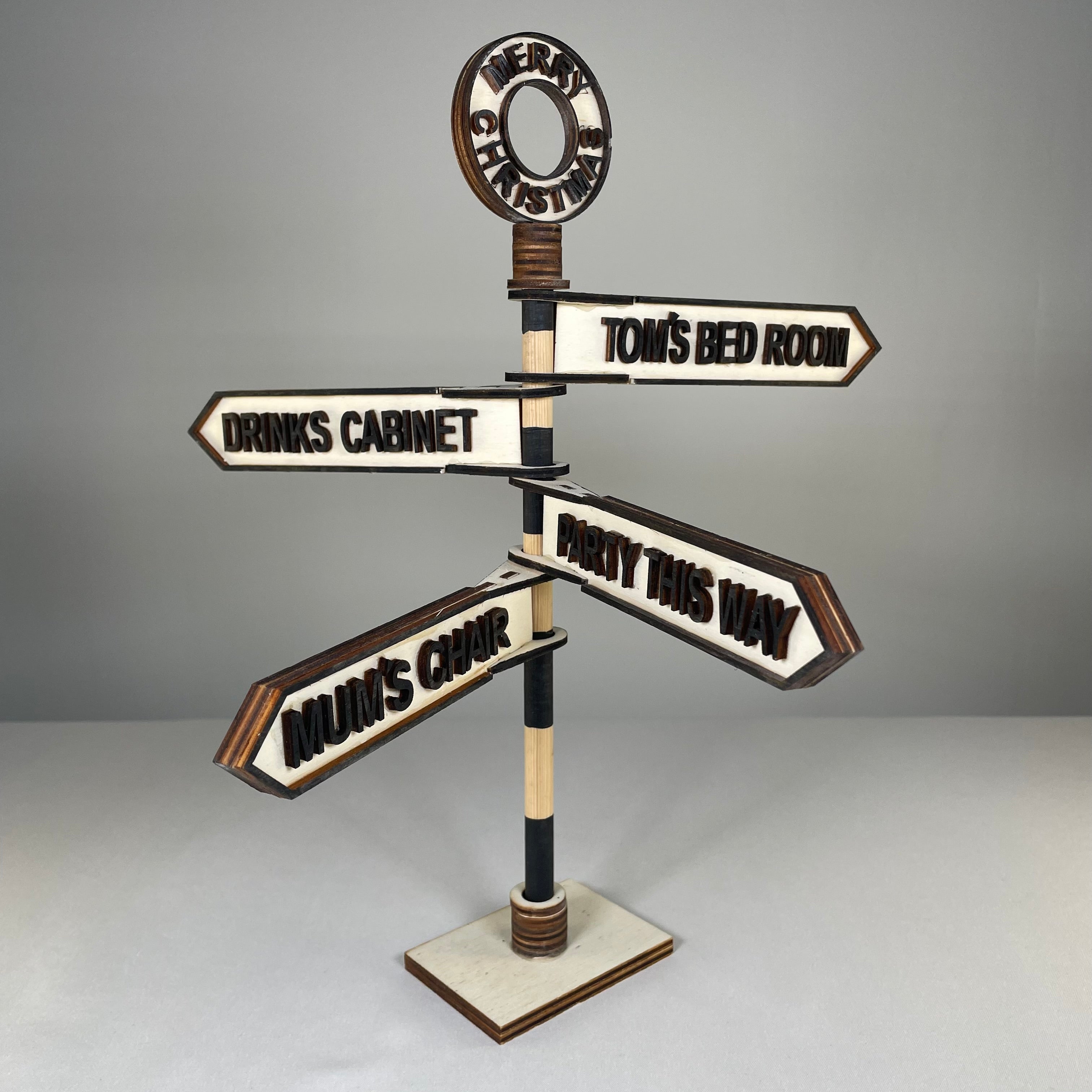 Handmade Curious Rabbit Christmas direction sign ornament with colorful arrows and festive holiday design.