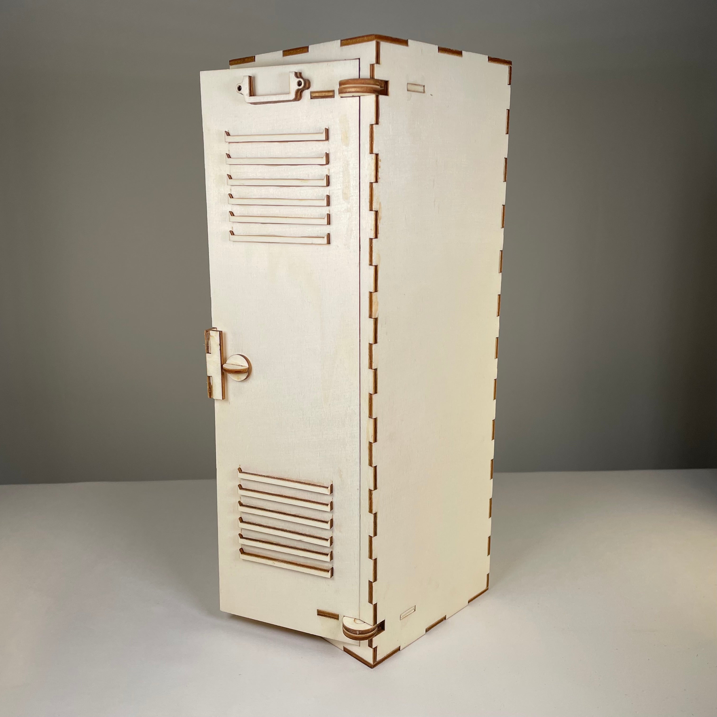 Vintage Curious Rabbit school locker flatpack model kit with detailed doors and compartments, perfect for display or collection.