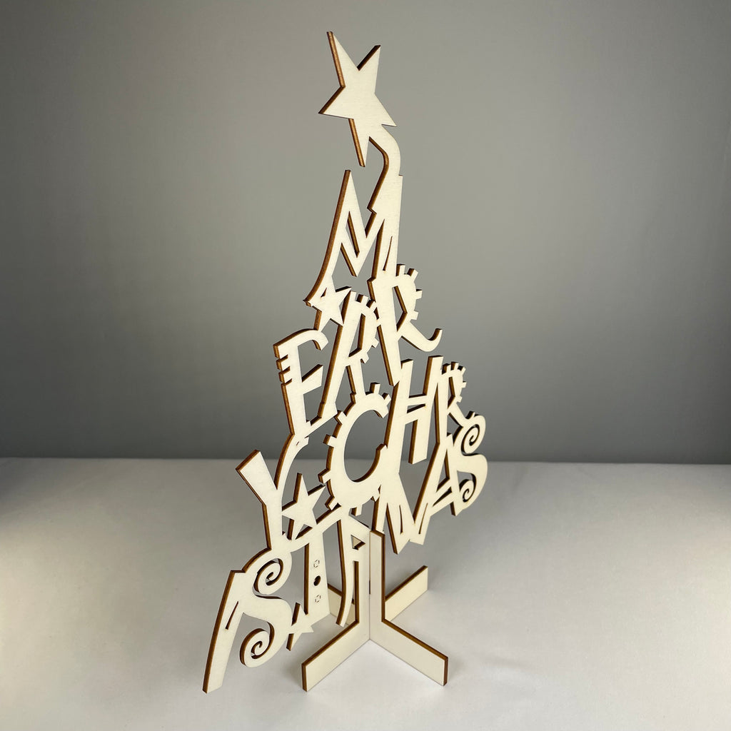 Curious Rabbit Christmas Tree flatpack model kit, assembled for a festive holiday decoration, showcasing a detailed, colorful Christmas tree.