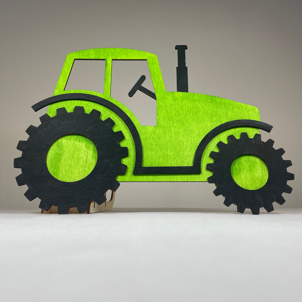 Handmade Curious Rabbit tractor-shaped garden wall display sign with rustic wood finish and vintage charm.